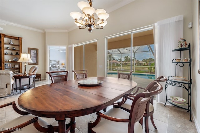 tiled dining area featuring ornamental molding and a notable chandelier