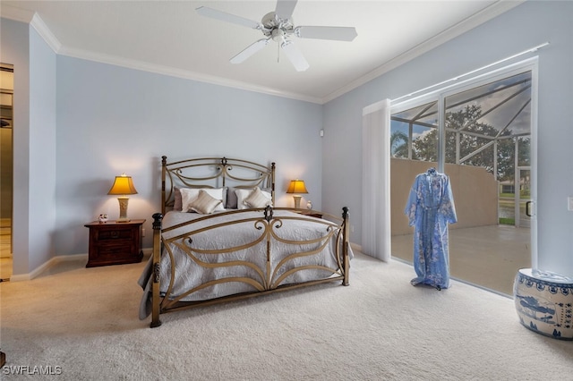 carpeted bedroom featuring ceiling fan and ornamental molding