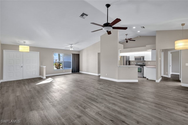 unfurnished living room featuring high vaulted ceiling and dark wood-type flooring