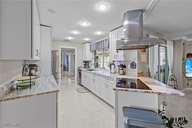 kitchen with sink, light stone countertops, appliances with stainless steel finishes, white cabinetry, and island exhaust hood