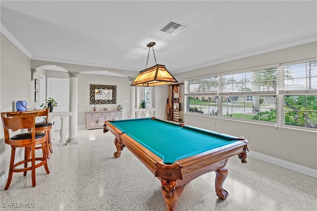 recreation room with ornate columns, crown molding, and billiards