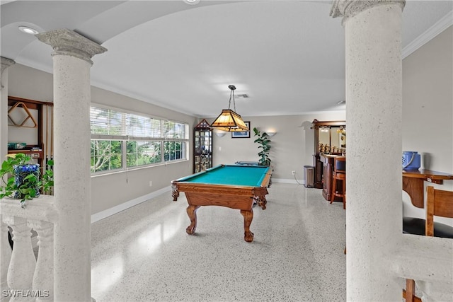 rec room with ornamental molding, billiards, and decorative columns