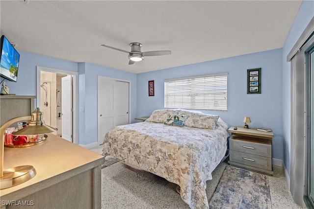 bedroom featuring ceiling fan, a textured ceiling, and a closet