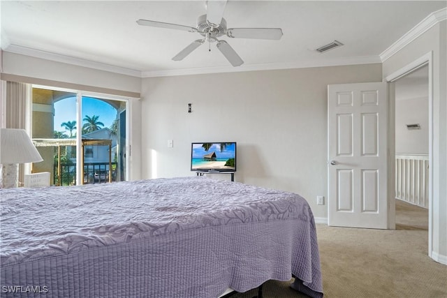 bedroom featuring access to exterior, ceiling fan, crown molding, and carpet