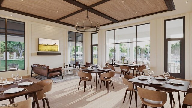 dining space with a chandelier, wood ceiling, and light hardwood / wood-style floors