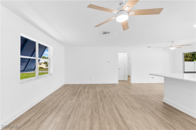 unfurnished living room featuring ceiling fan and light hardwood / wood-style floors