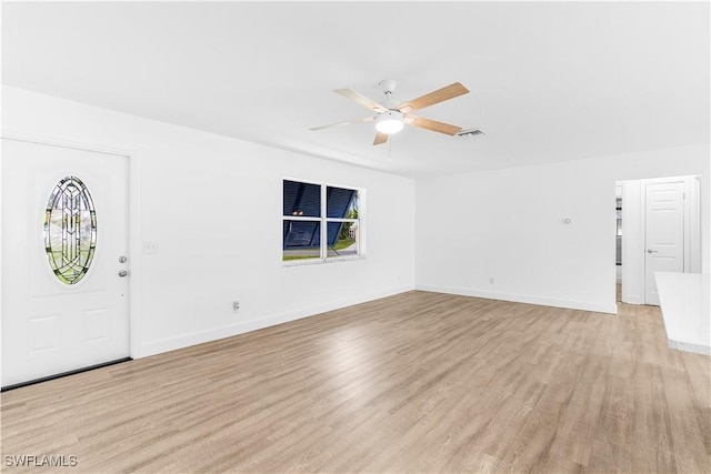 unfurnished living room featuring ceiling fan and light hardwood / wood-style flooring