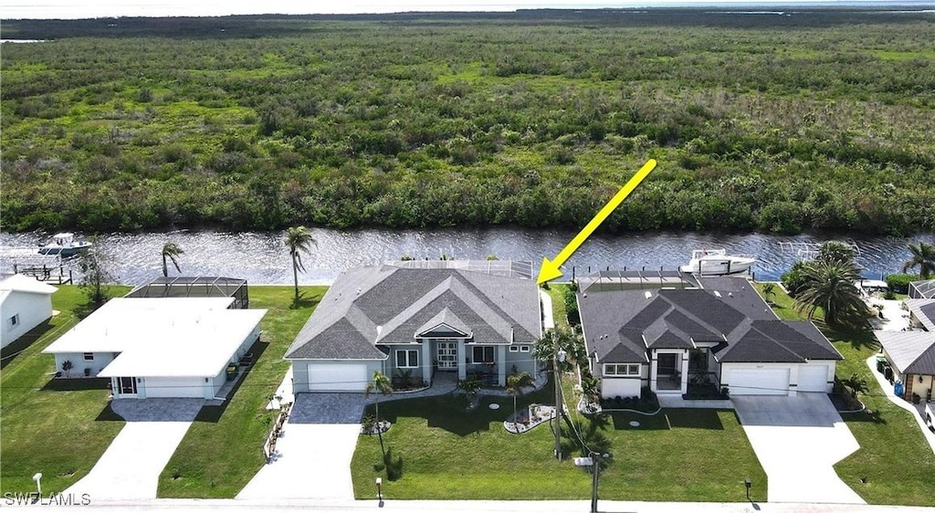 aerial view featuring a water view