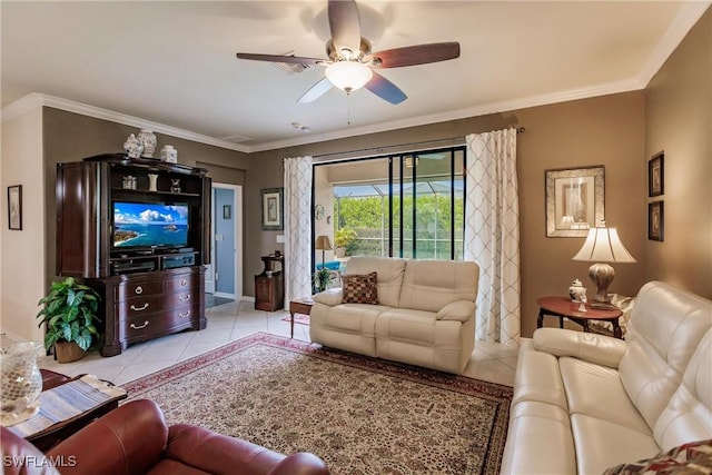 living room with ceiling fan, light tile patterned flooring, and ornamental molding