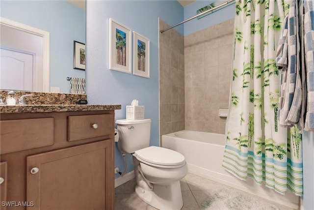 full bathroom with tile patterned flooring, vanity, shower / tub combo with curtain, and toilet