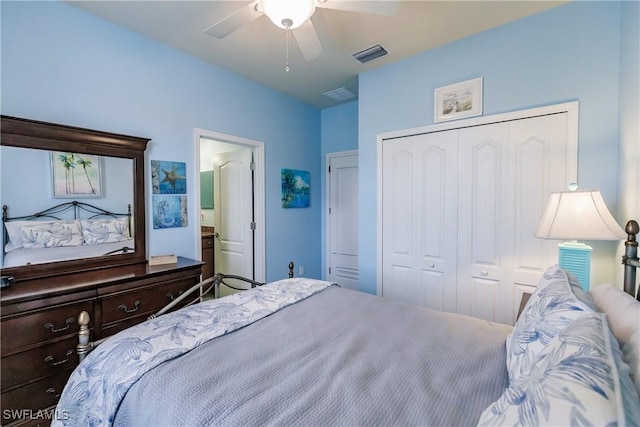 bedroom featuring ceiling fan and a closet