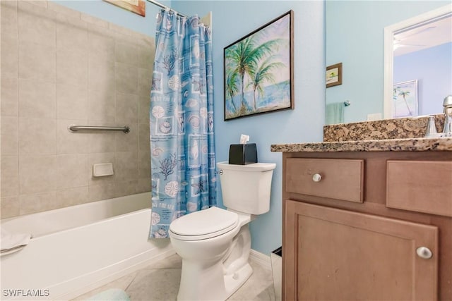 full bathroom featuring tile patterned flooring, vanity, shower / tub combo with curtain, and toilet