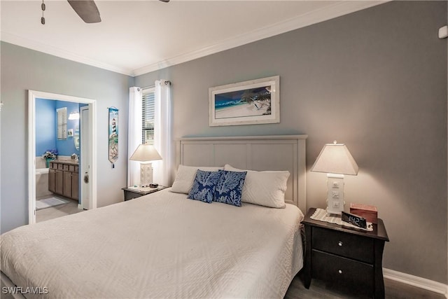 bedroom featuring ensuite bathroom, ceiling fan, and crown molding