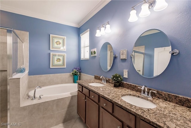 bathroom featuring vanity, separate shower and tub, and ornamental molding