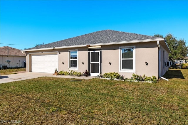 ranch-style house with a front lawn and a garage