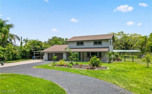 view of property with a garage and a front yard