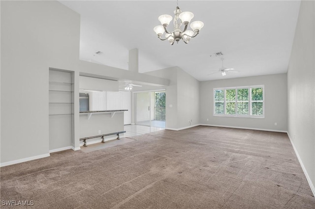 unfurnished living room with ceiling fan with notable chandelier, light colored carpet, built in features, and vaulted ceiling