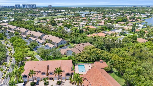 drone / aerial view featuring a water view