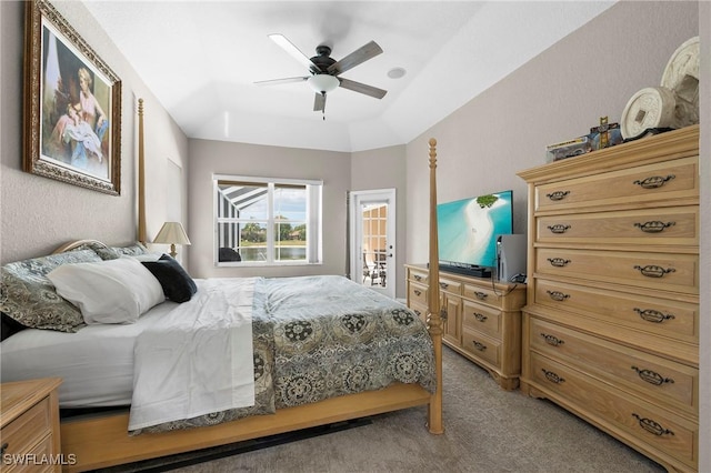 carpeted bedroom with ceiling fan