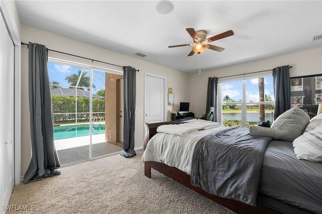 carpeted bedroom with access to outside and ceiling fan