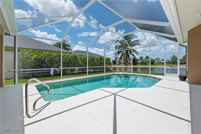 view of swimming pool featuring a lanai, a water view, and a patio