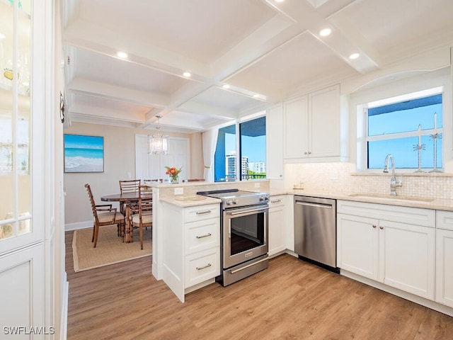 kitchen with white cabinets, sink, light hardwood / wood-style flooring, appliances with stainless steel finishes, and kitchen peninsula