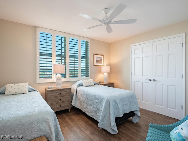 bedroom featuring ceiling fan, a closet, and dark wood-type flooring