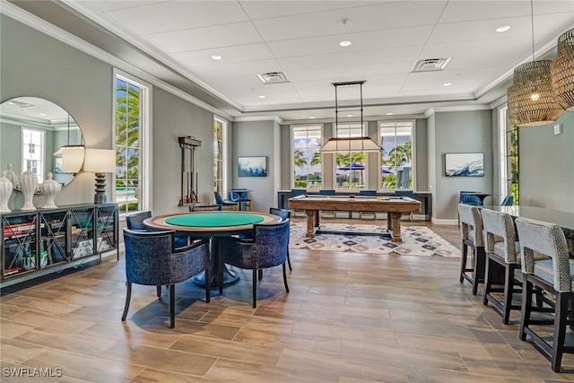 game room featuring ornamental molding and pool table