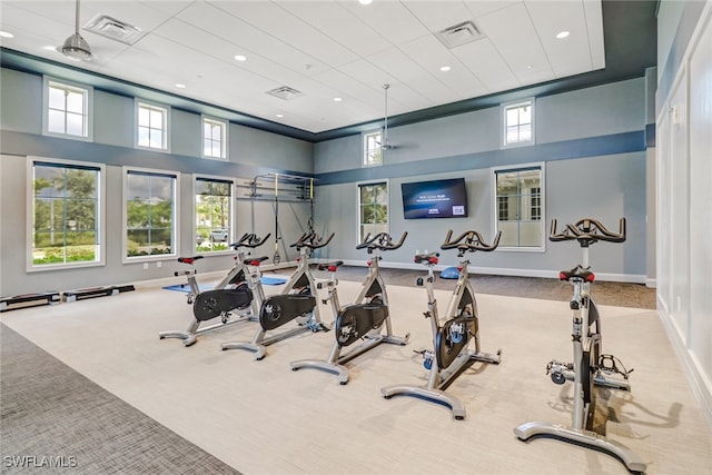 exercise room with light carpet, a healthy amount of sunlight, and a high ceiling