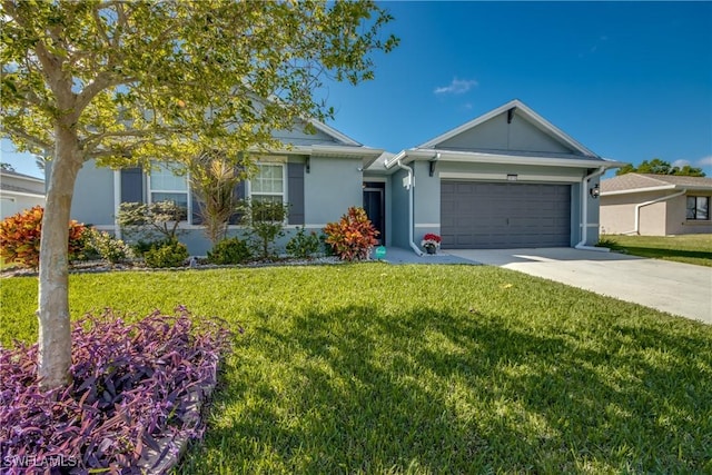 single story home featuring a front yard and a garage