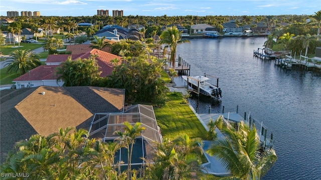 aerial view featuring a water view and a residential view