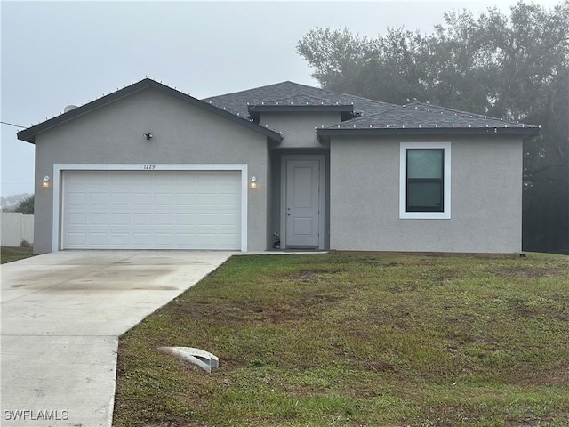 view of front of home featuring a front yard and a garage