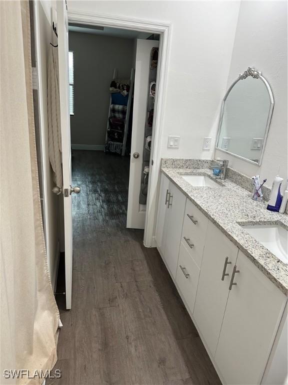 bathroom featuring vanity and hardwood / wood-style flooring