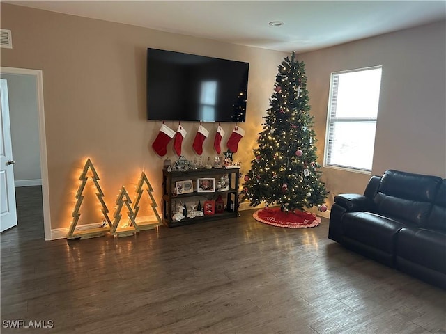 living room with dark hardwood / wood-style floors