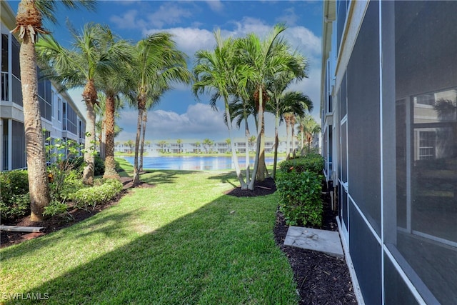 view of yard with a water view