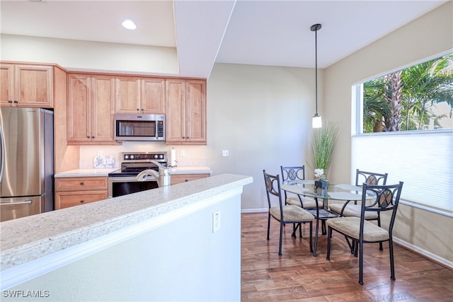 kitchen featuring light brown cabinetry, dark wood-type flooring, decorative light fixtures, and appliances with stainless steel finishes