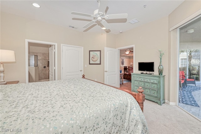 carpeted bedroom with a closet, access to outside, ensuite bath, and ceiling fan