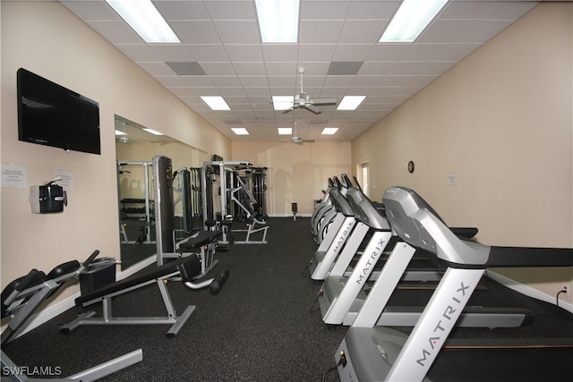 exercise room featuring ceiling fan and a drop ceiling