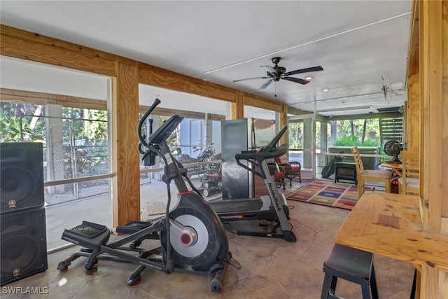 workout room with ceiling fan