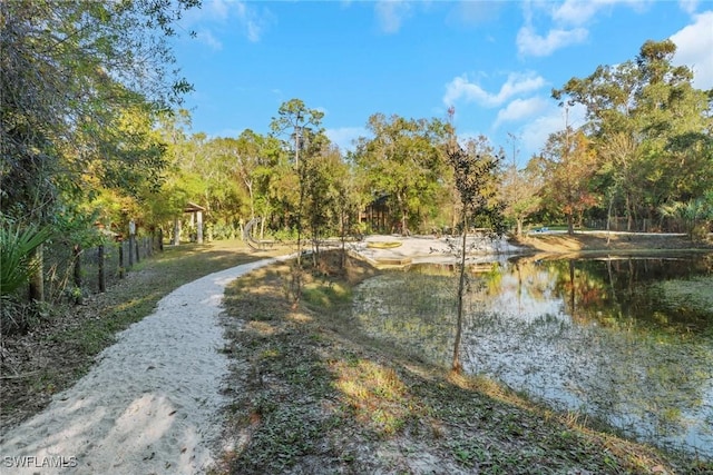 view of community with a water view