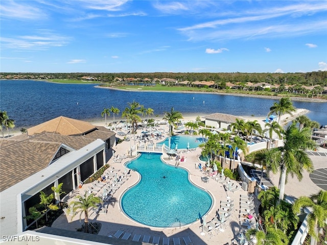 birds eye view of property featuring a water view