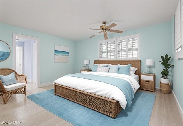 bedroom with a ceiling fan, baseboards, and light wood finished floors