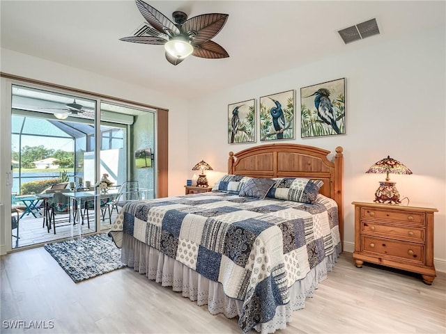 bedroom with access to outside, ceiling fan, and light wood-type flooring