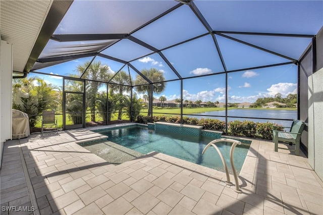 view of swimming pool featuring a lanai, a water view, and a patio