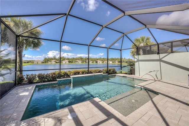 view of swimming pool with a lanai, a water view, and a patio