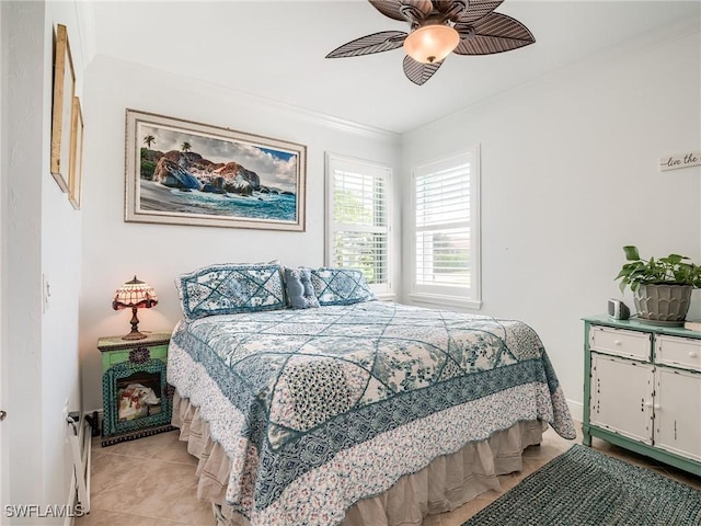 tiled bedroom featuring ceiling fan and ornamental molding