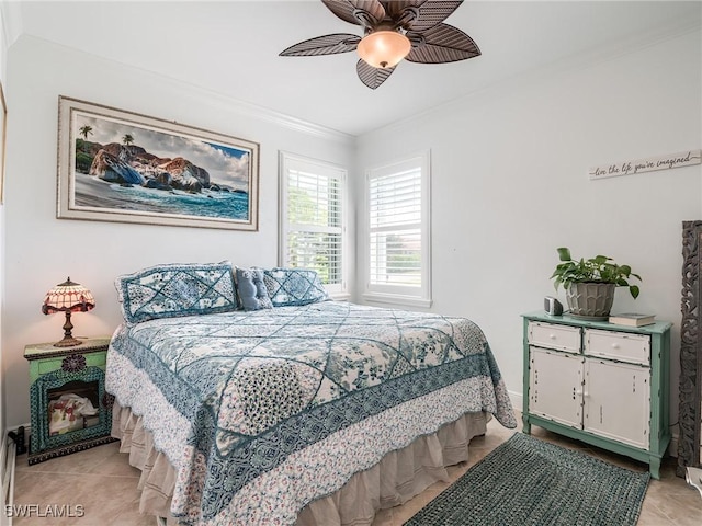 tiled bedroom featuring ceiling fan and crown molding