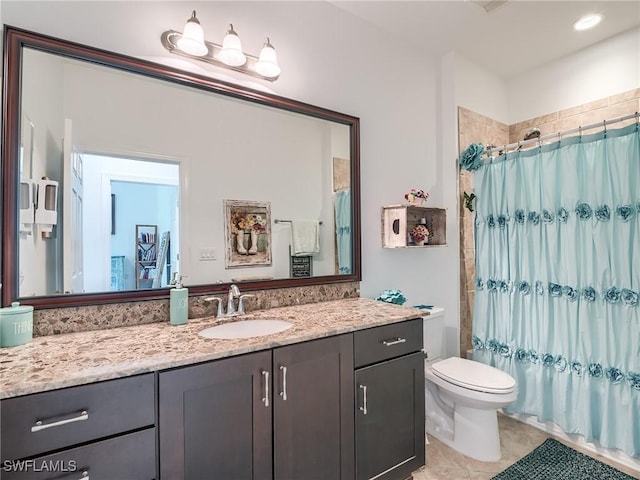 full bathroom with tile patterned flooring, vanity, toilet, and shower / bathtub combination with curtain