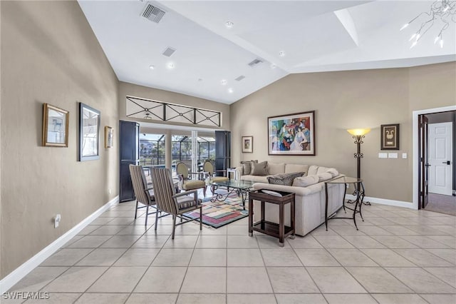 tiled living room featuring vaulted ceiling