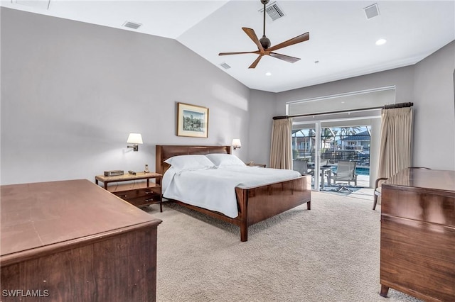 bedroom featuring access to exterior, ceiling fan, light colored carpet, and vaulted ceiling